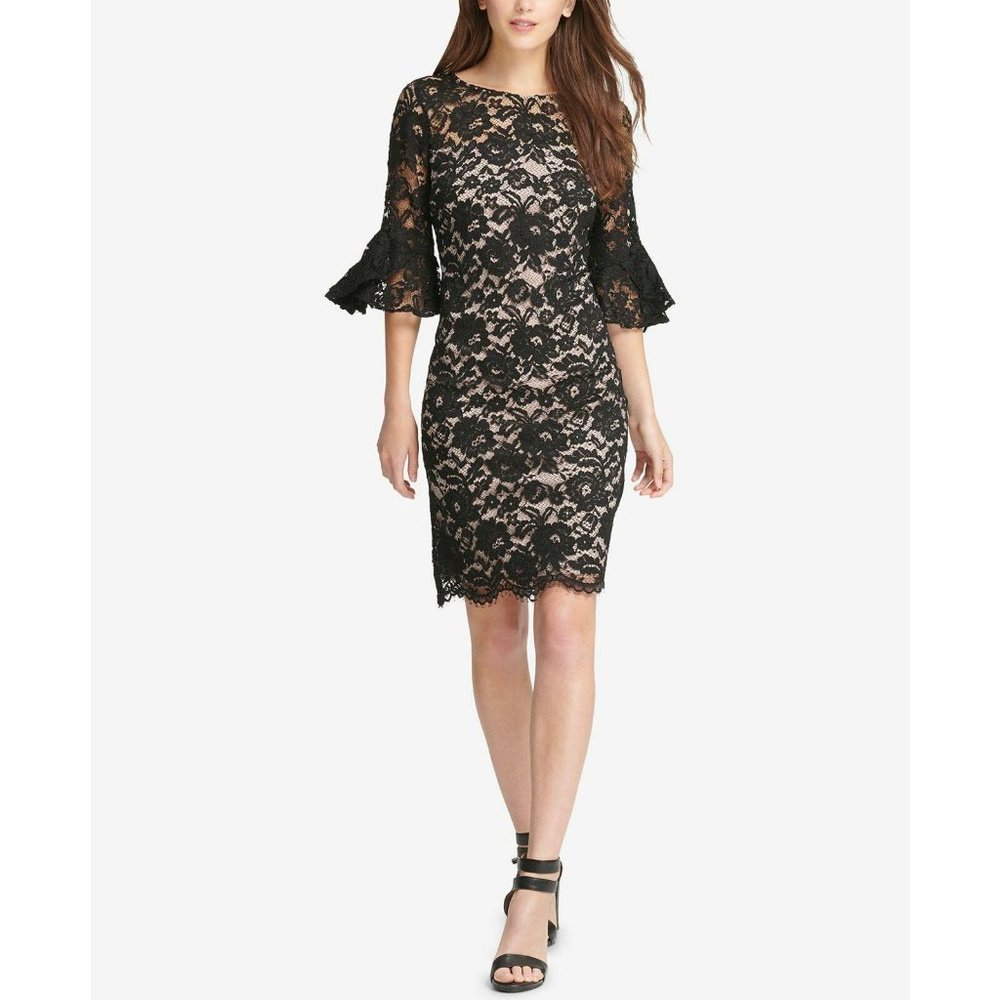 DKNY Women's Lace Bell Sleeve Sheath Dress Black 8 - Picture 5 of 6